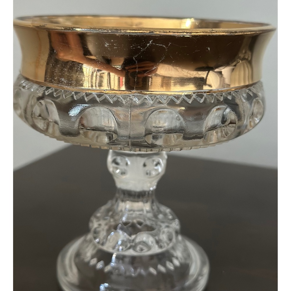 VTG Indiana Glass Kings Crown Thumbprint Pedestal Compote Candy Dish Gold Rimmed - Picture 5 of 8